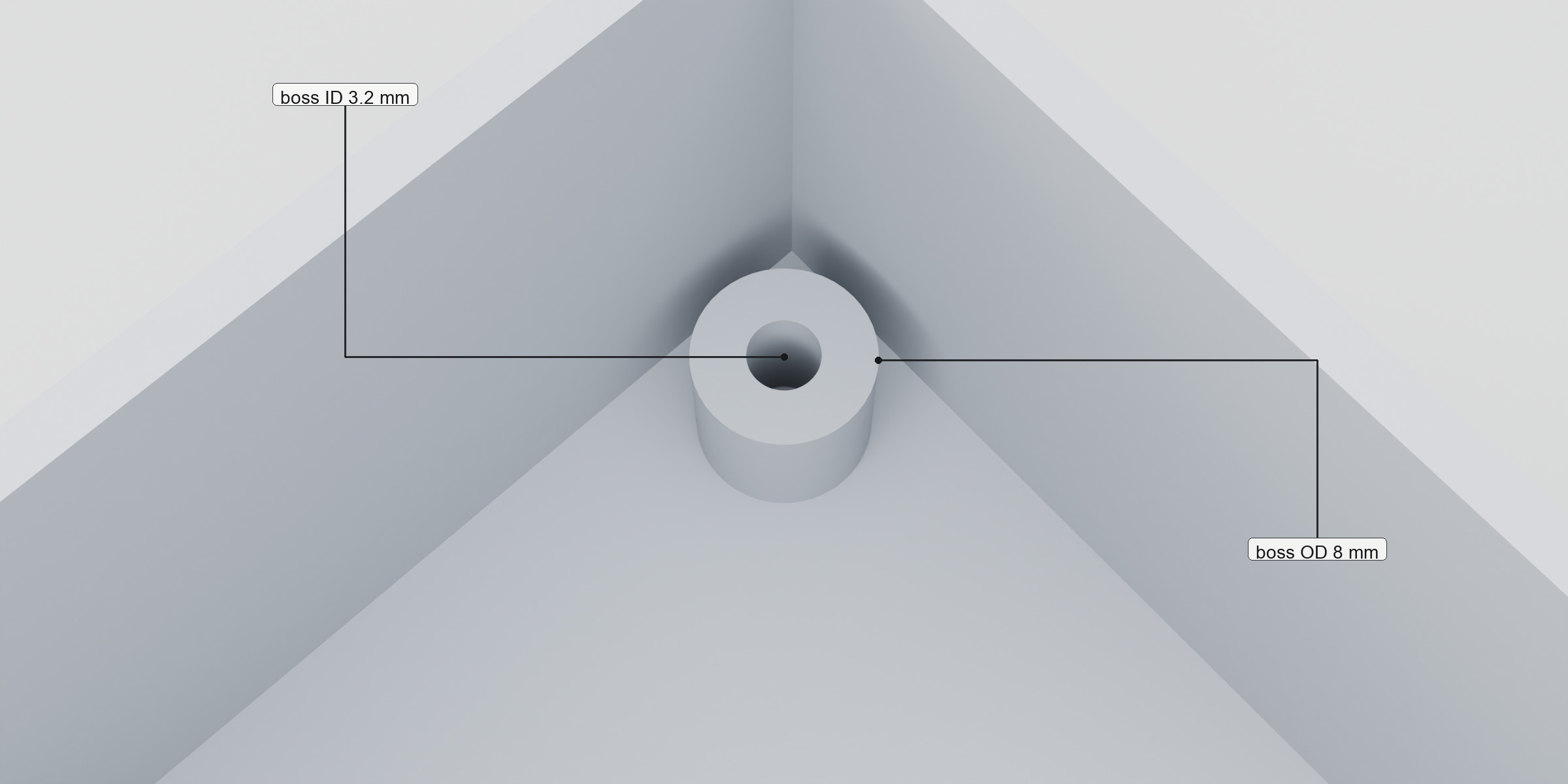 Close view of one corner screw boss showing outer diameter 8 millimetres and inner diameter 3.2 millimetres.