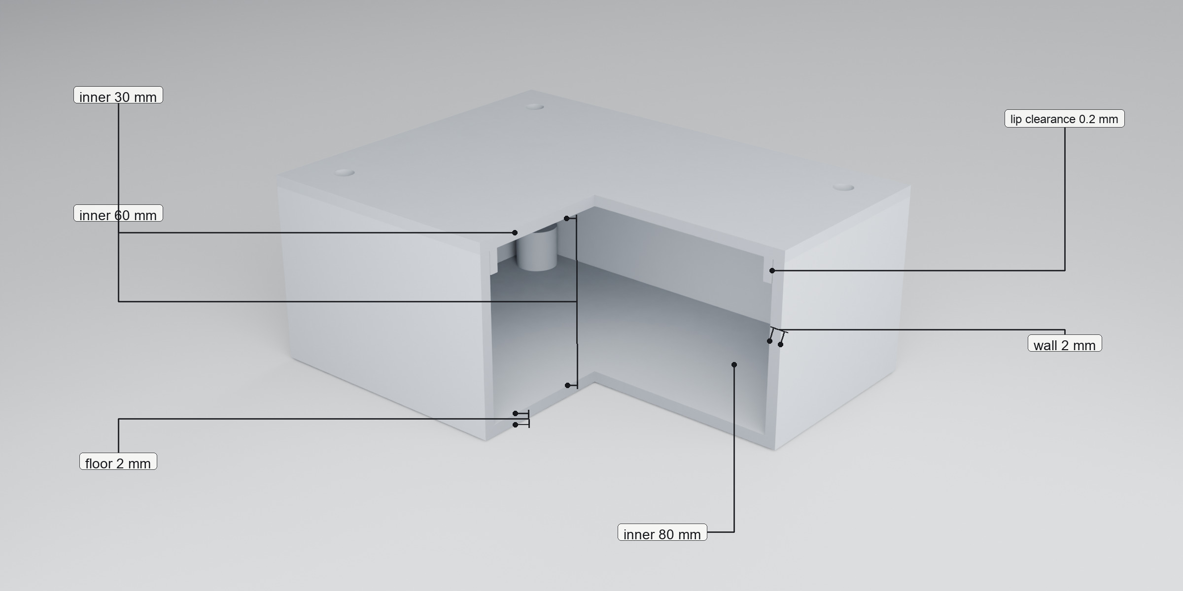 Cutaway section of a Casegen body labelled inner 80 mm, inner 60 mm, inner 30 mm, wall 2 mm, floor 2 mm and lip clearance 0.2 mm.
