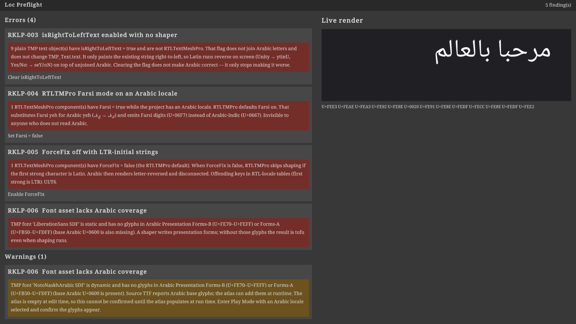 Localization Preflight window listing check findings with one-click fix actions, a live TMP render, and a codepoint dump.