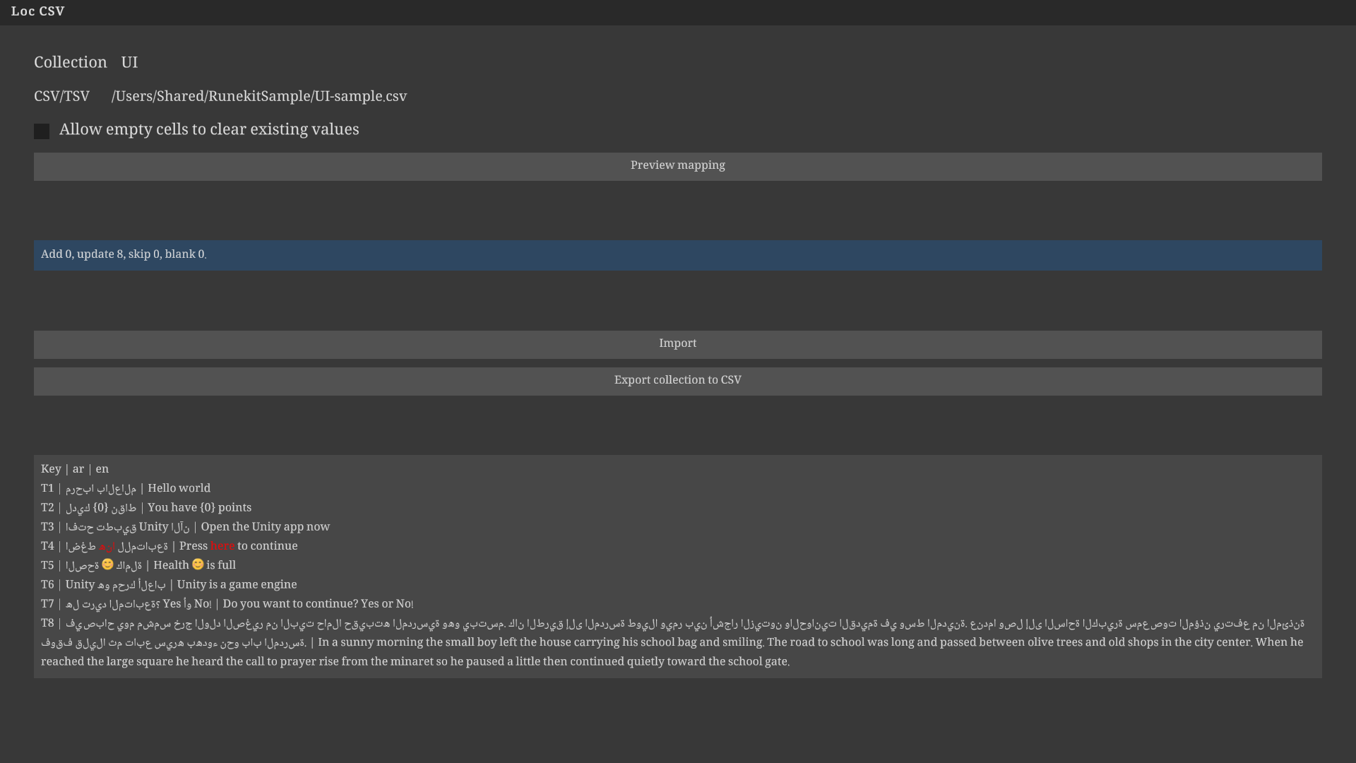 Localization CSV window showing a preview of add, update, and skip counts, with Import and Export buttons and a key/ar/en table.